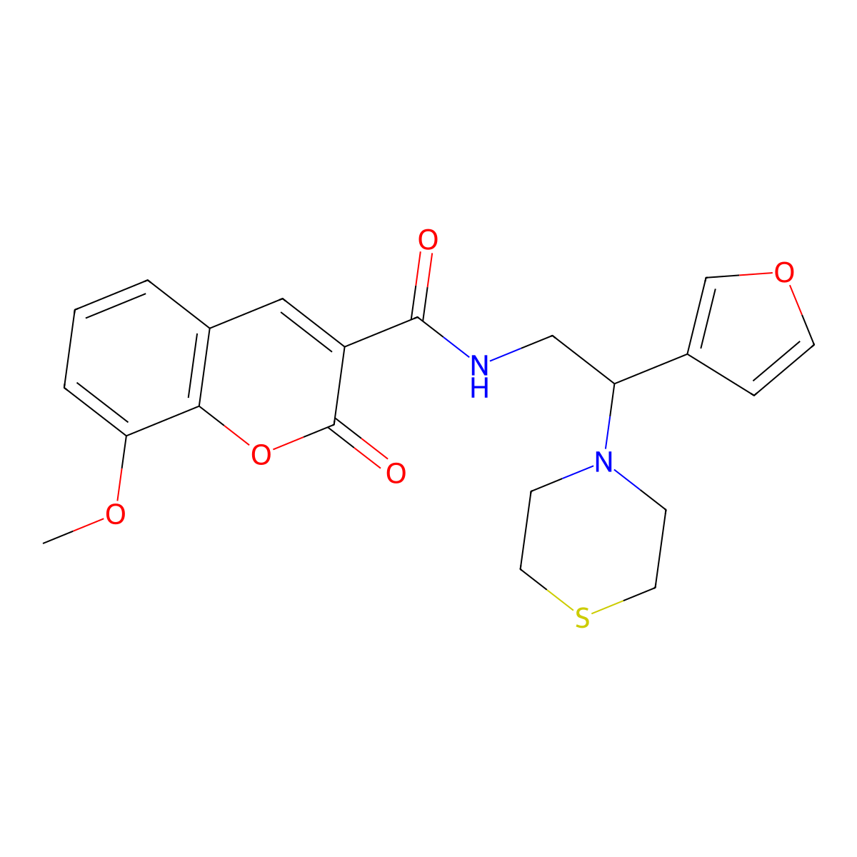 N-(2-(furan-3-yl)-2-thiomorpholinoethyl)-8-methoxy-2-oxo-2H-chromene-3-carboxamide molecular structure, CAS 2034513-84-1