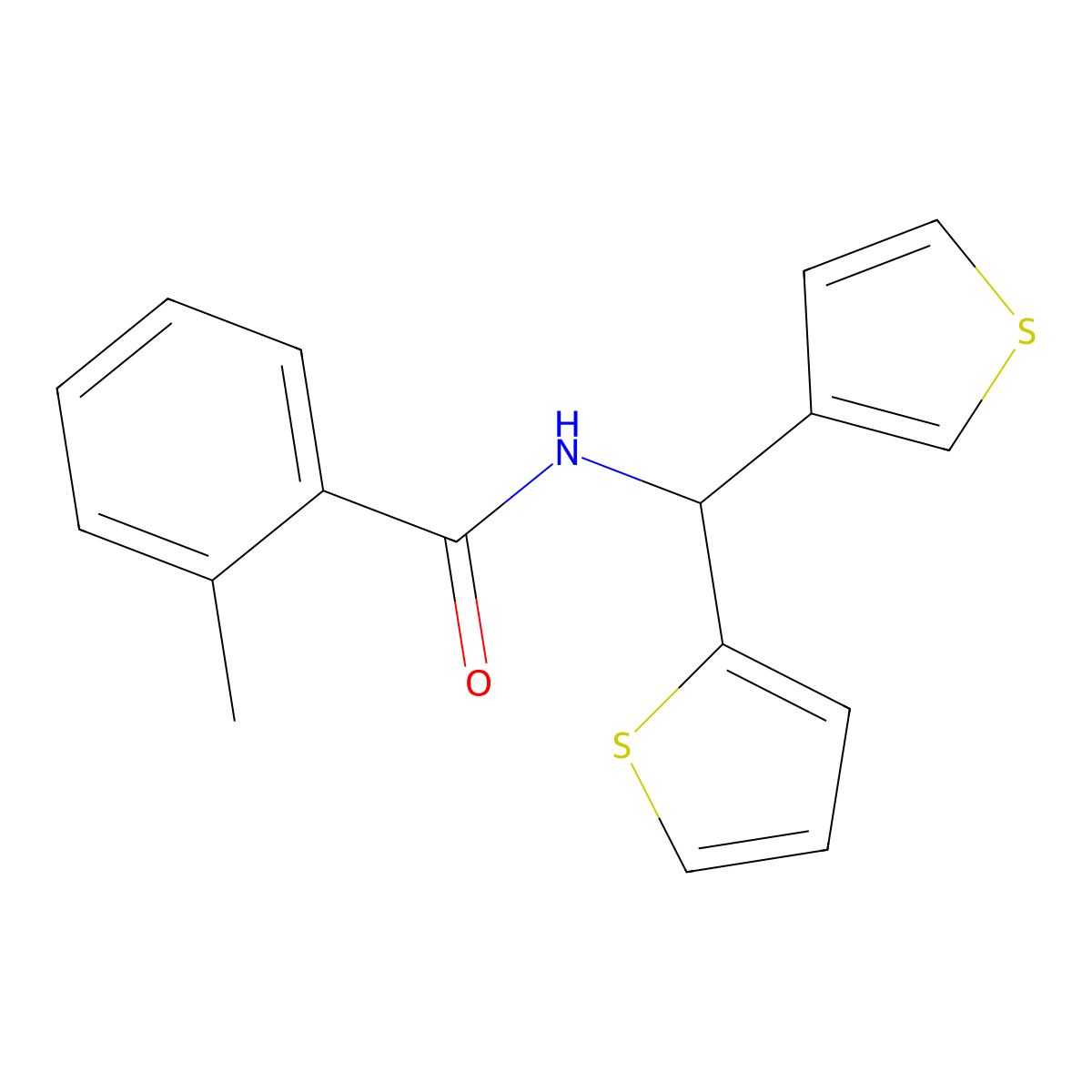 2-methyl-N-(thiophen-2-yl(thiophen-3-yl)methyl)benzamide molecular structure, CAS 2034513-88-5