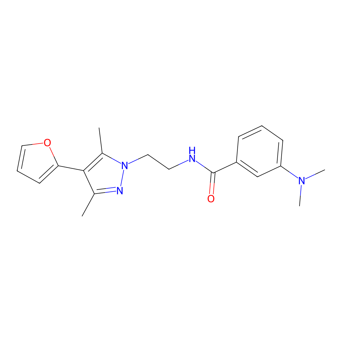 3-(dimethylamino)-N-(2-(4-(furan-2-yl)-3,5-dimethyl-1H-pyrazol-1-yl)ethyl)benzamide molecular structure, CAS 2034513-89-6