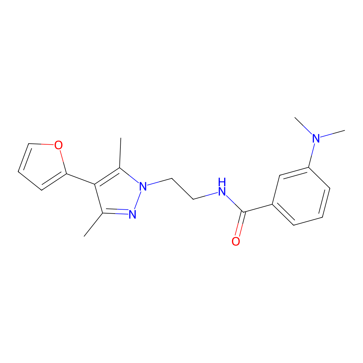 3-(dimethylamino)-N-(2-(4-(furan-2-yl)-3,5-dimethyl-1H-pyrazol-1-yl)ethyl)benzamide molecular structure, CAS 2034513-89-6