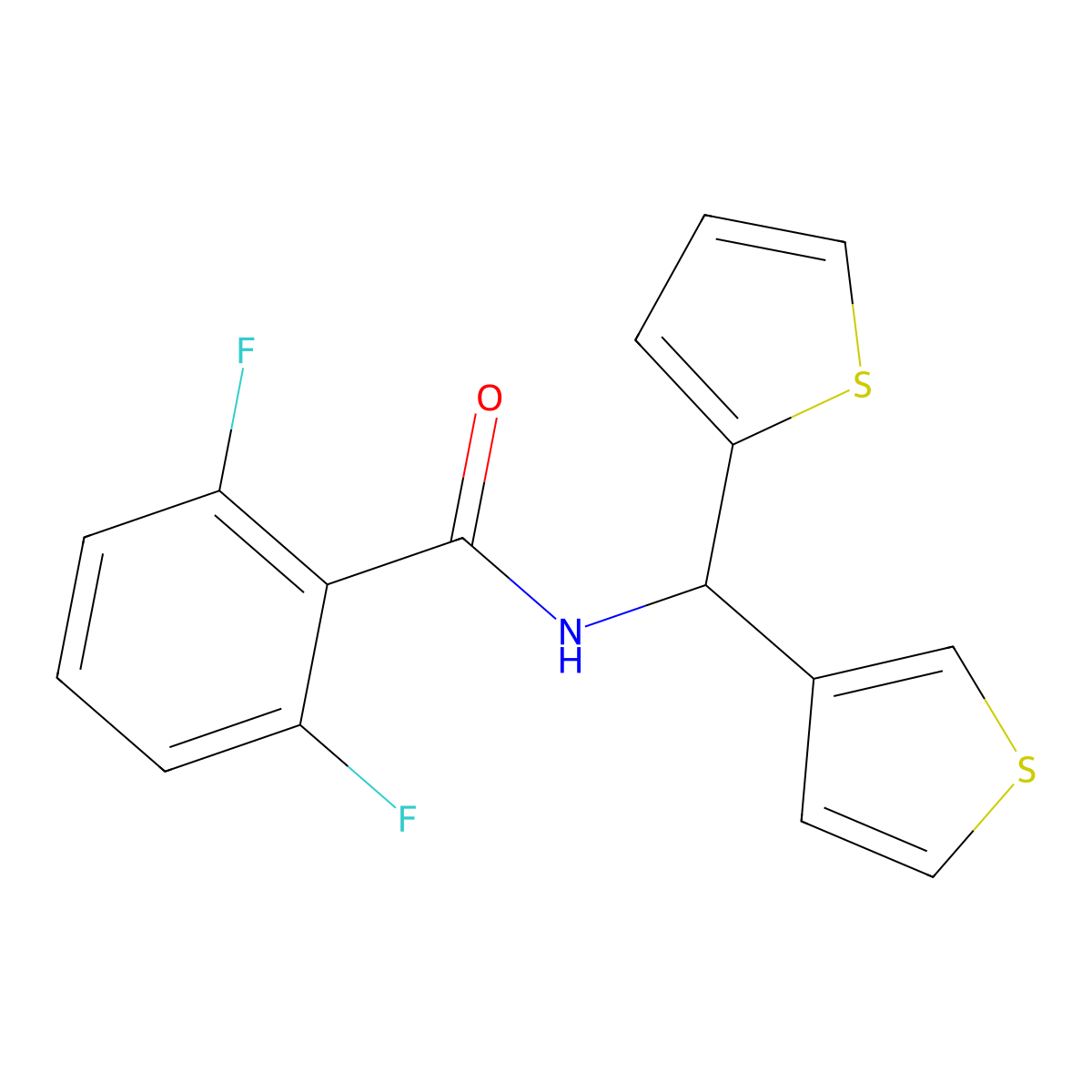 2,6-difluoro-N-(thiophen-2-yl(thiophen-3-yl)methyl)benzamide molecular structure, CAS 2034513-95-4