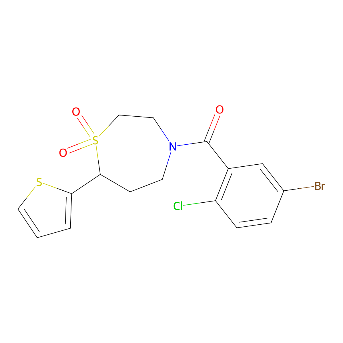 (5-Bromo-2-chlorophenyl)(1,1-dioxido-7-(thiophen-2-yl)-1,4-thiazepan-4-yl)methanone molecular structure, CAS 2034513-97-6