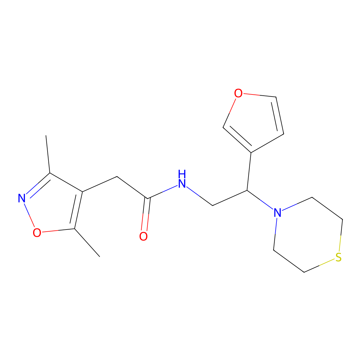 2-(3,5-dimethylisoxazol-4-yl)-N-(2-(furan-3-yl)-2-thiomorpholinoethyl)acetamide molecular structure, CAS 2034513-98-7