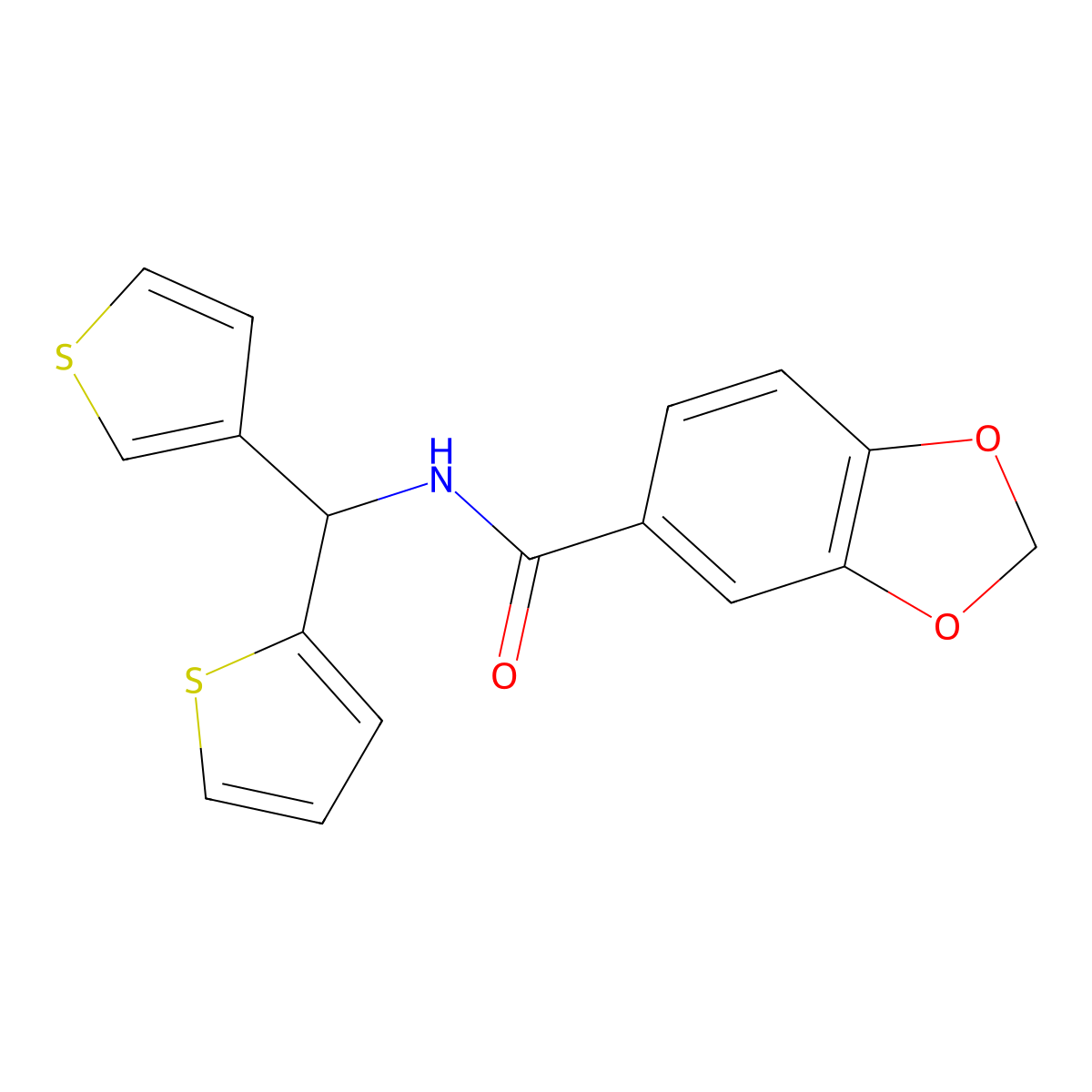N-(thiophen-2-yl(thiophen-3-yl)methyl)benzo[d][1,3]dioxole-5-carboxamide molecular structure, CAS 2034514-03-7