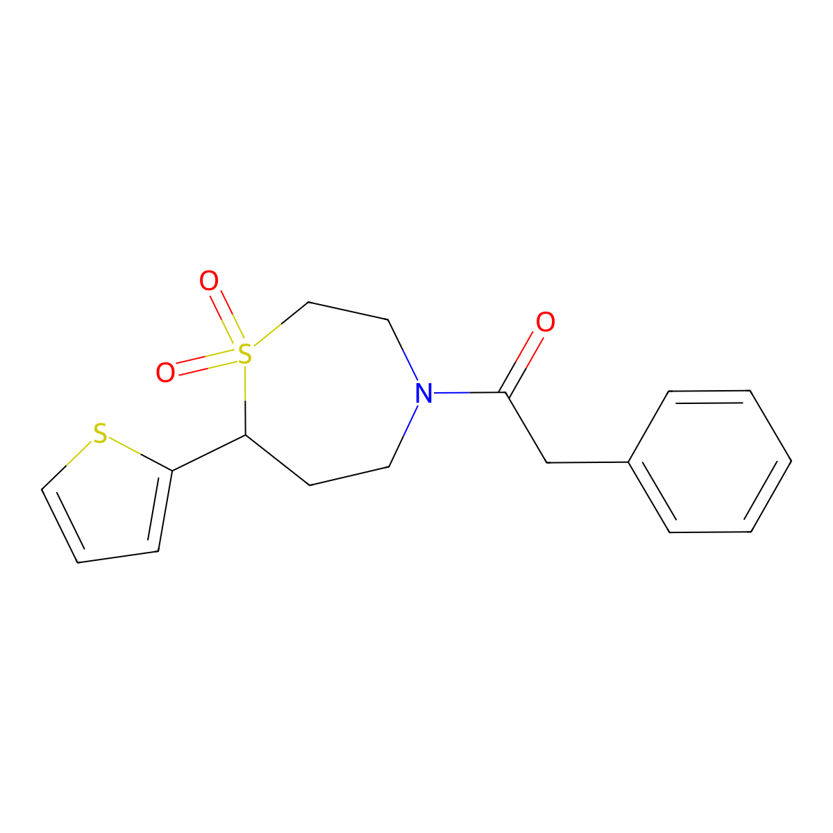 1-(1,1-Dioxido-7-(thiophen-2-yl)-1,4-thiazepan-4-yl)-2-phenylethanone molecular structure, CAS 2034514-04-8