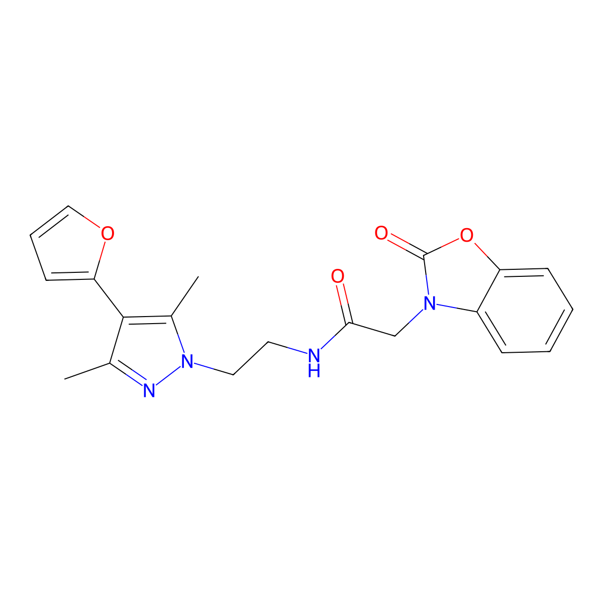 N-(2-(4-(furan-2-yl)-3,5-dimethyl-1H-pyrazol-1-yl)ethyl)-2-(2-oxobenzo[d]oxazol-3(2H)-yl)acetamide molecular structure, CAS 2034514-09-3