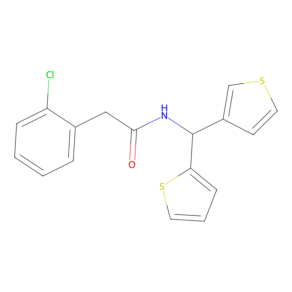2-(2-chlorophenyl)-N-(thiophen-2-yl(thiophen-3-yl)methyl)acetamide molecular structure, CAS 2034514-10-6