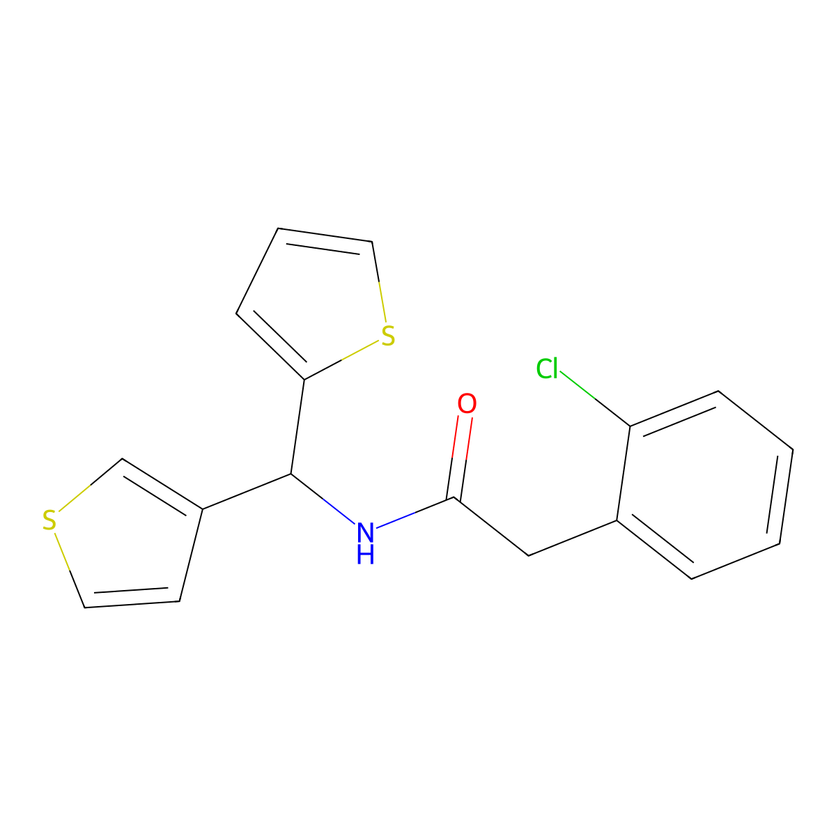 2-(2-chlorophenyl)-N-(thiophen-2-yl(thiophen-3-yl)methyl)acetamide molecular structure, CAS 2034514-10-6