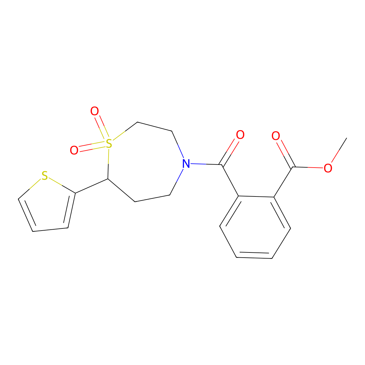 Methyl 2-(1,1-dioxido-7-(thiophen-2-yl)-1,4-thiazepane-4-carbonyl)benzoate molecular structure, CAS 2034514-12-8