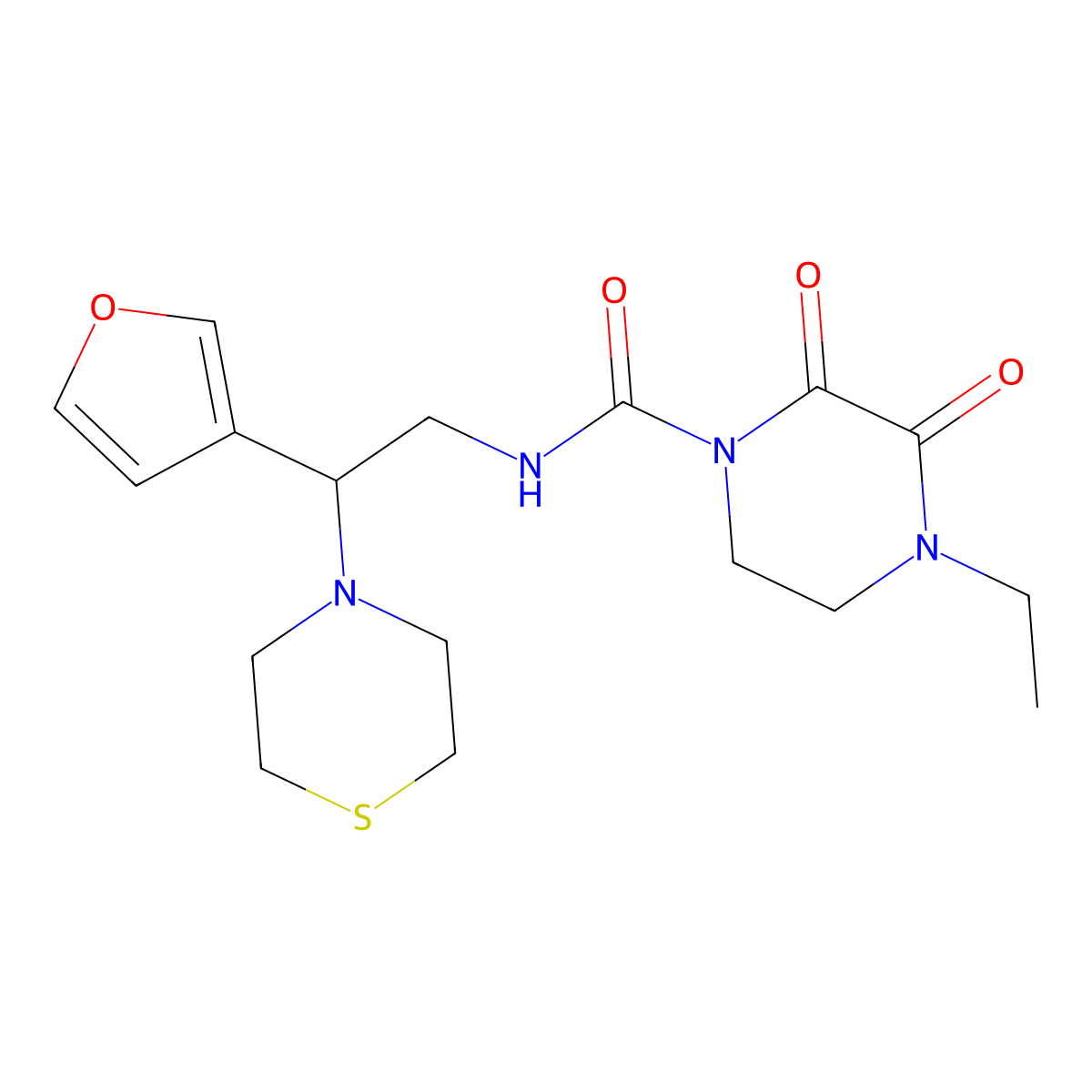 4-ethyl-N-(2-(furan-3-yl)-2-thiomorpholinoethyl)-2,3-dioxopiperazine-1-carboxamide molecular structure, CAS 2034514-13-9