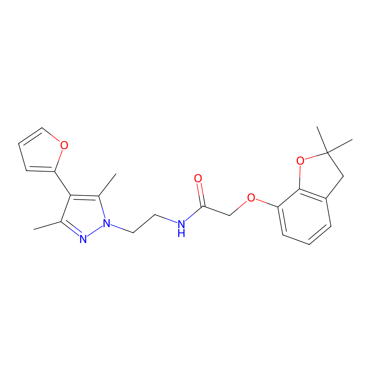 2-((2,2-dimethyl-2,3-dihydrobenzofuran-7-yl)oxy)-N-(2-(4-(furan-2-yl)-3,5-dimethyl-1H-pyrazol-1-yl)ethyl)acetamide molecular structure, CAS 2034514-23-1