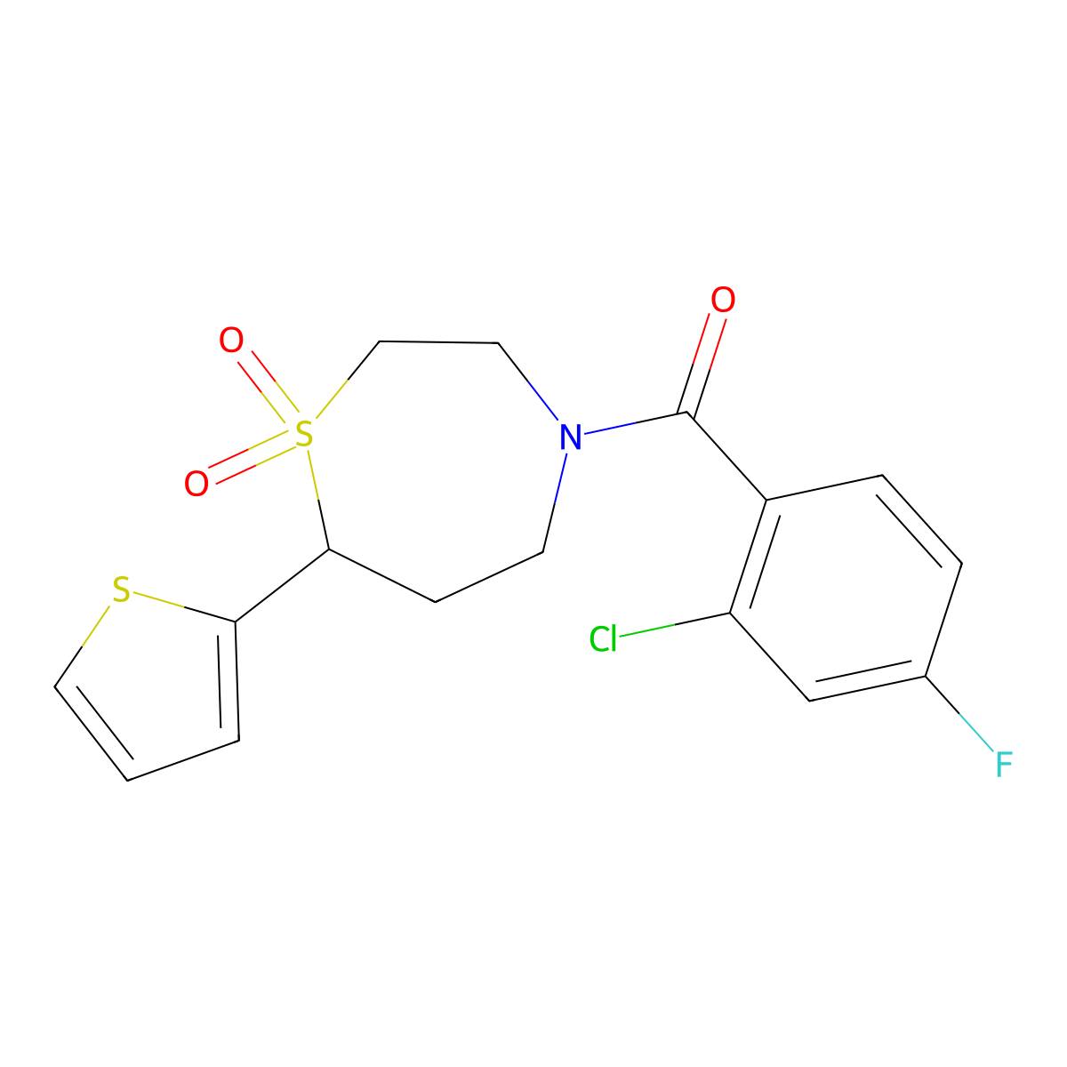 (2-Chloro-4-fluorophenyl)(1,1-dioxido-7-(thiophen-2-yl)-1,4-thiazepan-4-yl)methanone molecular structure, CAS 2034514-24-2