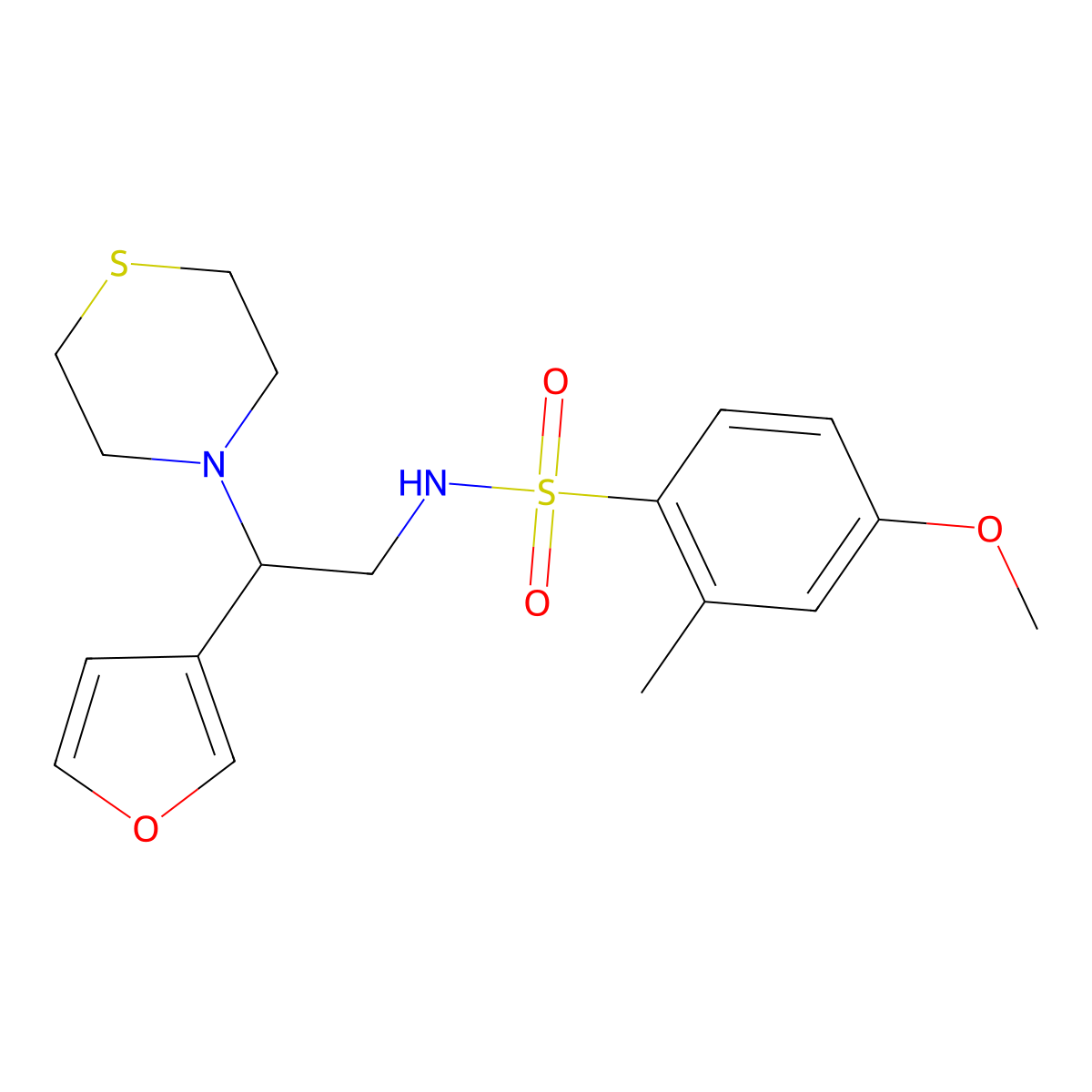 N-(2-(furan-3-yl)-2-thiomorpholinoethyl)-4-methoxy-2-methylbenzenesulfonamide molecular structure, CAS 2034514-28-6
