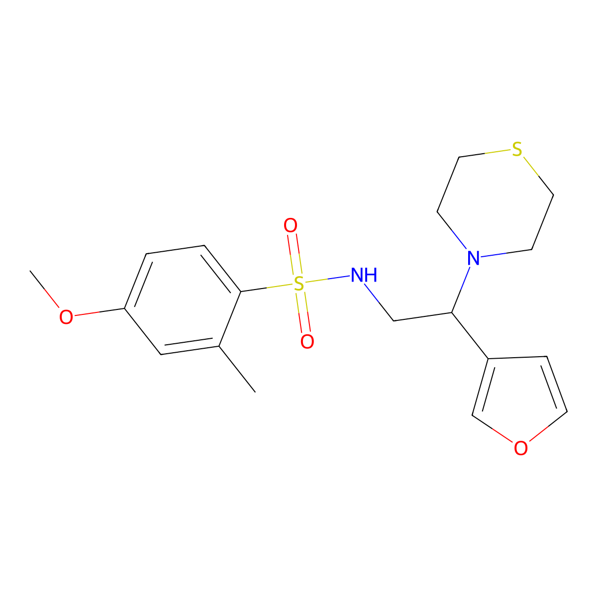 N-(2-(furan-3-yl)-2-thiomorpholinoethyl)-4-methoxy-2-methylbenzenesulfonamide molecular structure, CAS 2034514-28-6