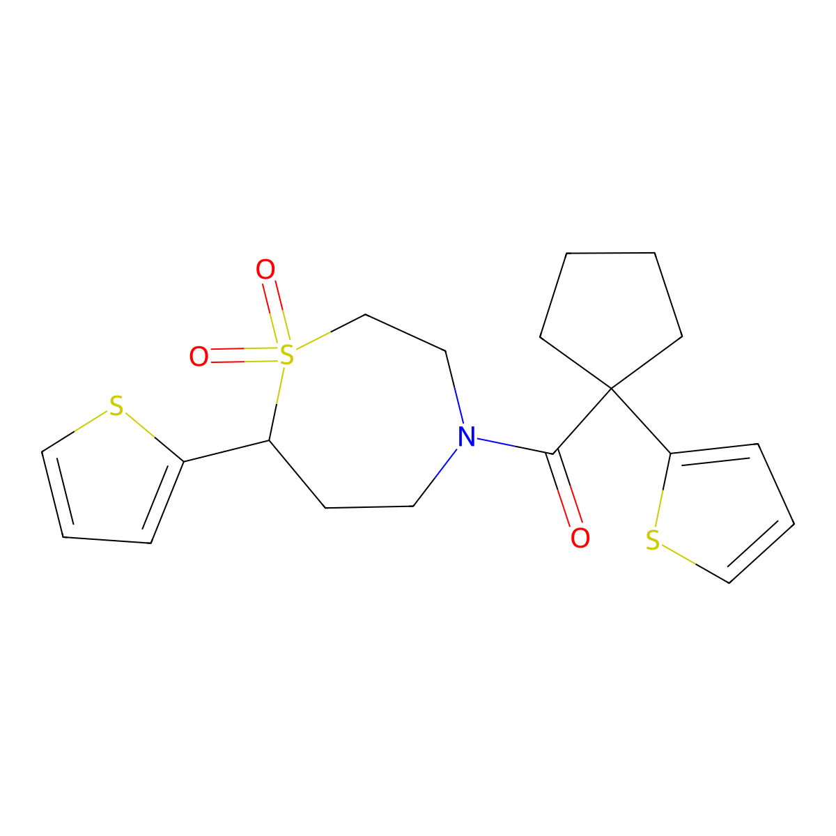 (1,1-Dioxido-7-(thiophen-2-yl)-1,4-thiazepan-4-yl)(1-(thiophen-2-yl)cyclopentyl)methanone molecular structure, CAS 2034514-31-1