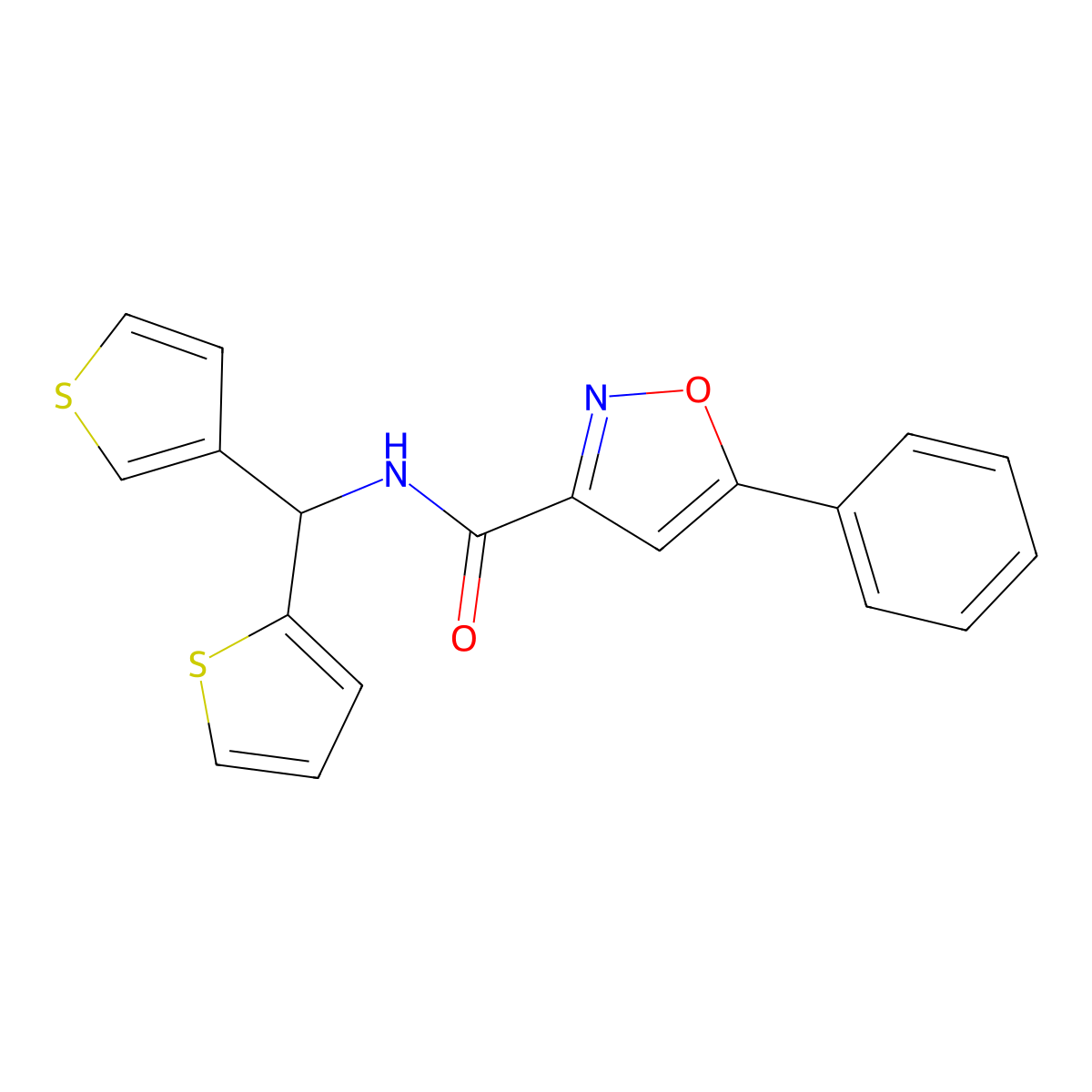5-phenyl-N-(thiophen-2-yl(thiophen-3-yl)methyl)isoxazole-3-carboxamide molecular structure, CAS 2034514-35-5
