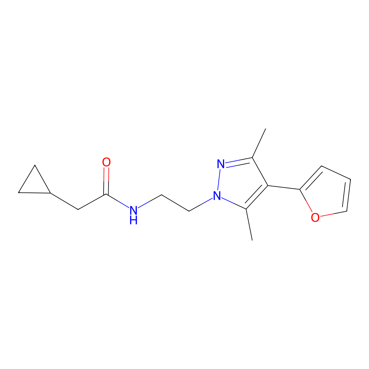 2-cyclopropyl-N-{2-[4-(furan-2-yl)-3,5-dimethyl-1H-pyrazol-1-yl]ethyl}acetamide molecular structure, CAS 2034514-40-2