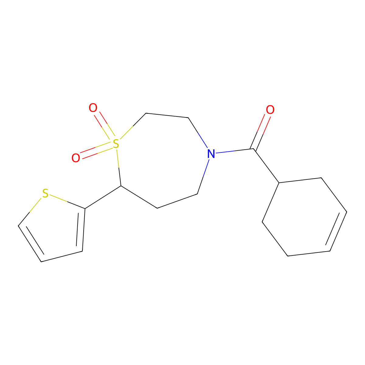 Cyclohex-3-en-1-yl(1,1-dioxido-7-(thiophen-2-yl)-1,4-thiazepan-4-yl)methanone molecular structure, CAS 2034514-41-3
