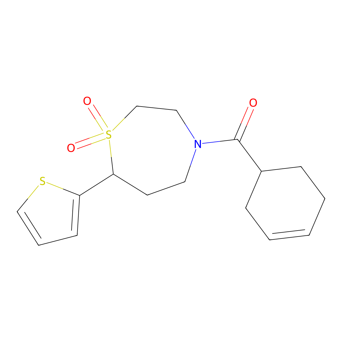 Cyclohex-3-en-1-yl(1,1-dioxido-7-(thiophen-2-yl)-1,4-thiazepan-4-yl)methanone molecular structure, CAS 2034514-41-3