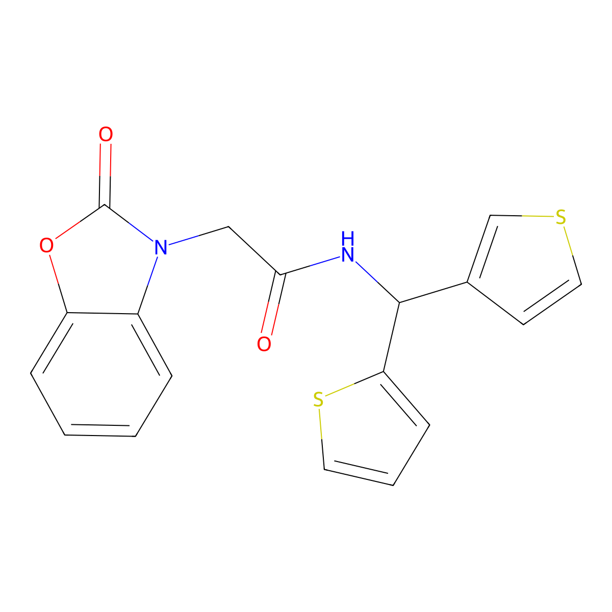 2-(2-oxobenzo[d]oxazol-3(2H)-yl)-N-(thiophen-2-yl(thiophen-3-yl)methyl)acetamide molecular structure, CAS 2034514-45-7