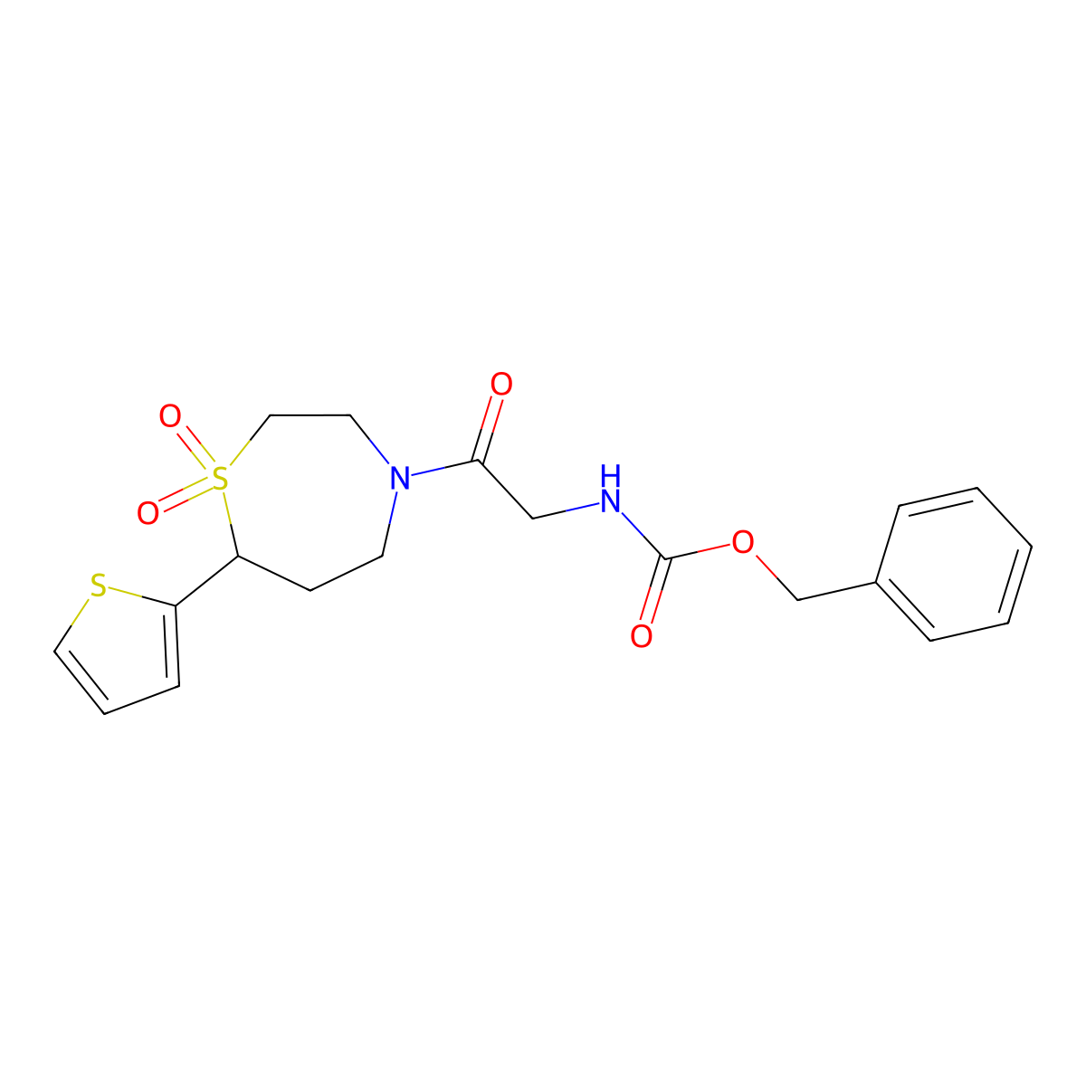 Benzyl (2-(1,1-dioxido-7-(thiophen-2-yl)-1,4-thiazepan-4-yl)-2-oxoethyl)carbamate molecular structure, CAS 2034514-46-8