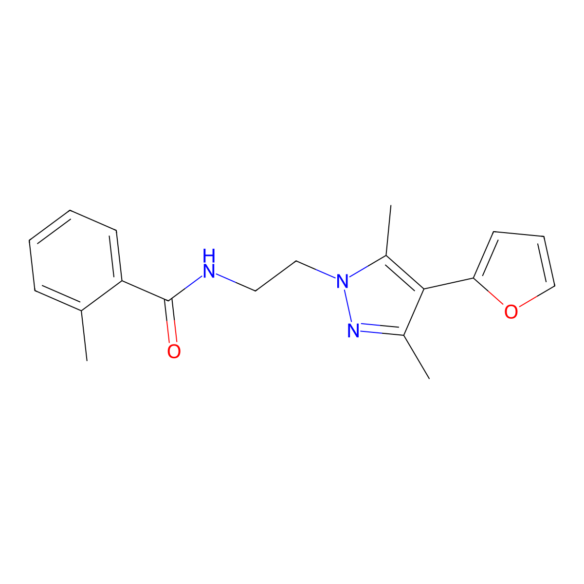 N-(2-(4-(furan-2-yl)-3,5-dimethyl-1H-pyrazol-1-yl)ethyl)-2-methylbenzamide molecular structure, CAS 2034514-47-9