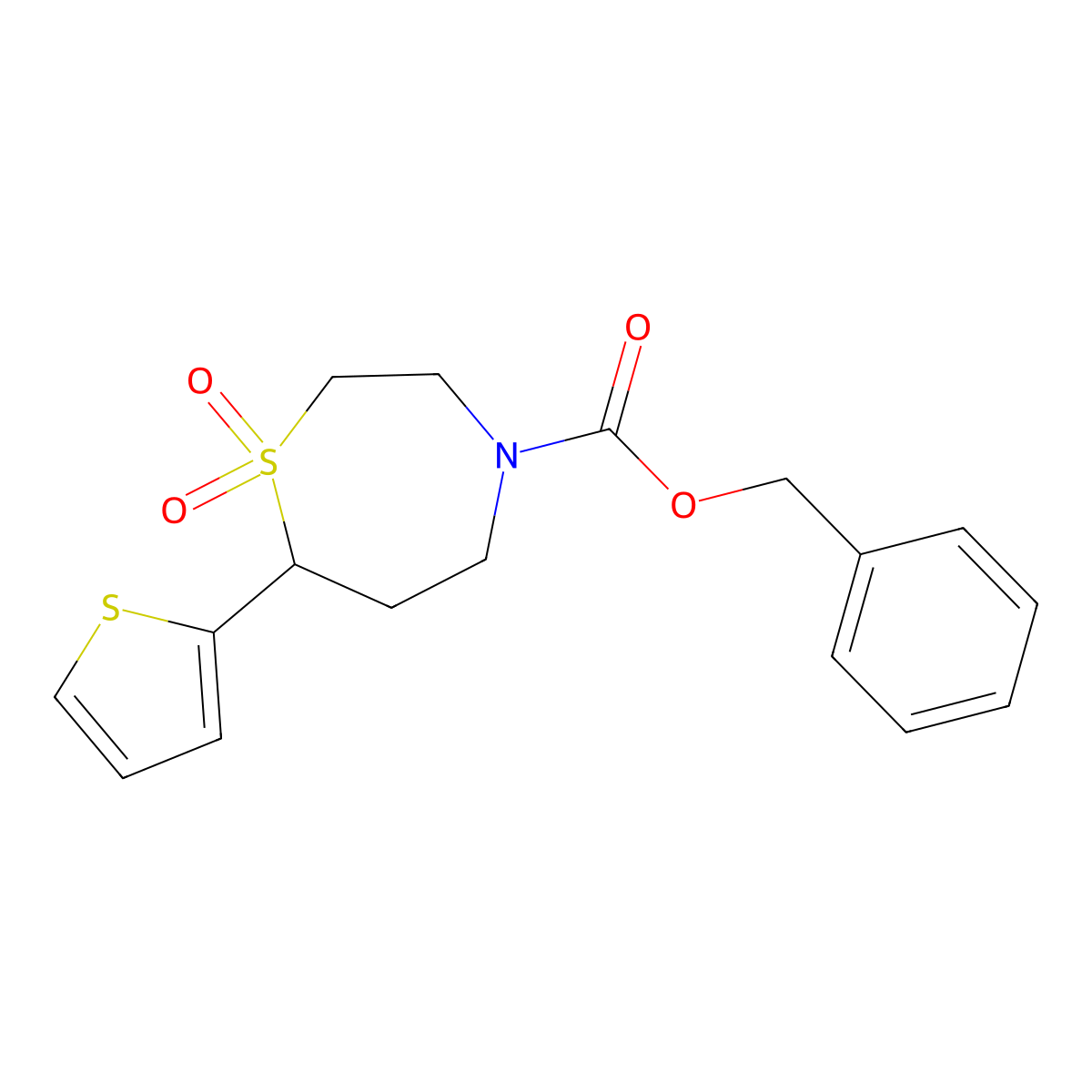 Benzyl 7-(thiophen-2-yl)-1,4-thiazepane-4-carboxylate 1,1-dioxide molecular structure, CAS 2034514-57-1