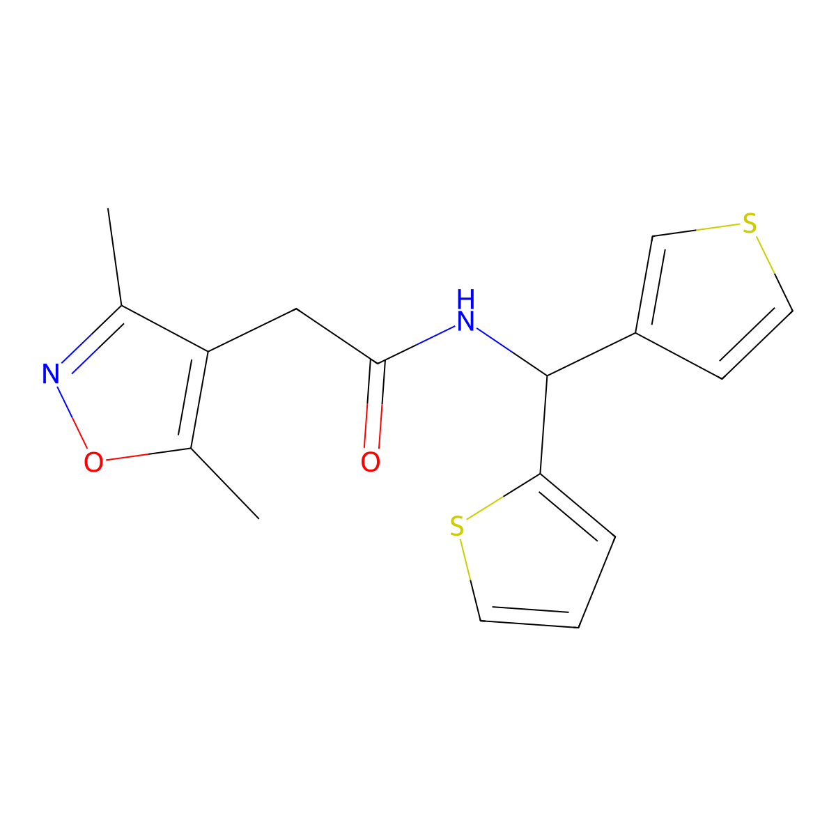 2-(3,5-dimethylisoxazol-4-yl)-N-(thiophen-2-yl(thiophen-3-yl)methyl)acetamide molecular structure, CAS 2034514-58-2