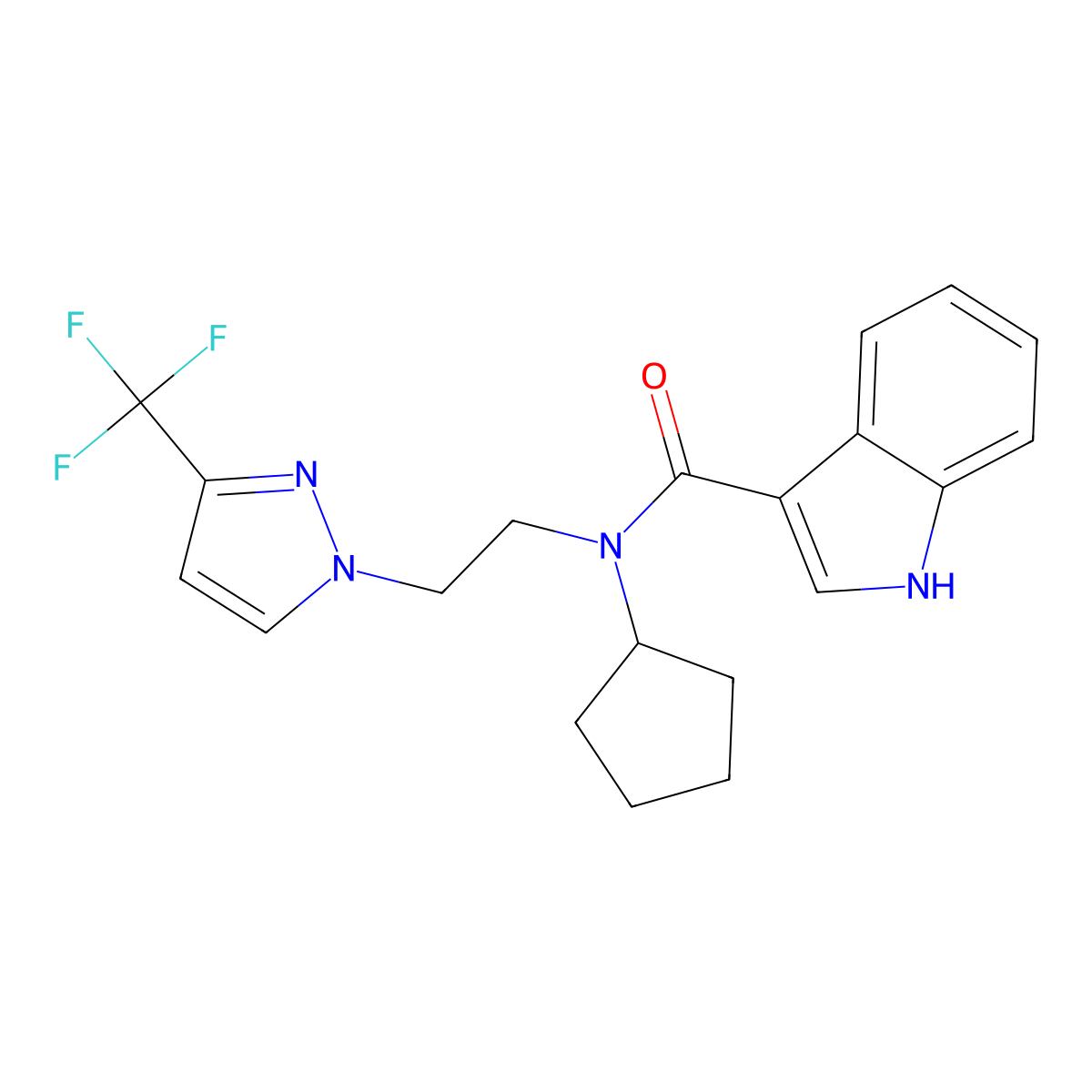 N-cyclopentyl-N-(2-(3-(trifluoromethyl)-1H-pyrazol-1-yl)ethyl)-1H-indole-3-carboxamide molecular structure, CAS 2034514-59-3