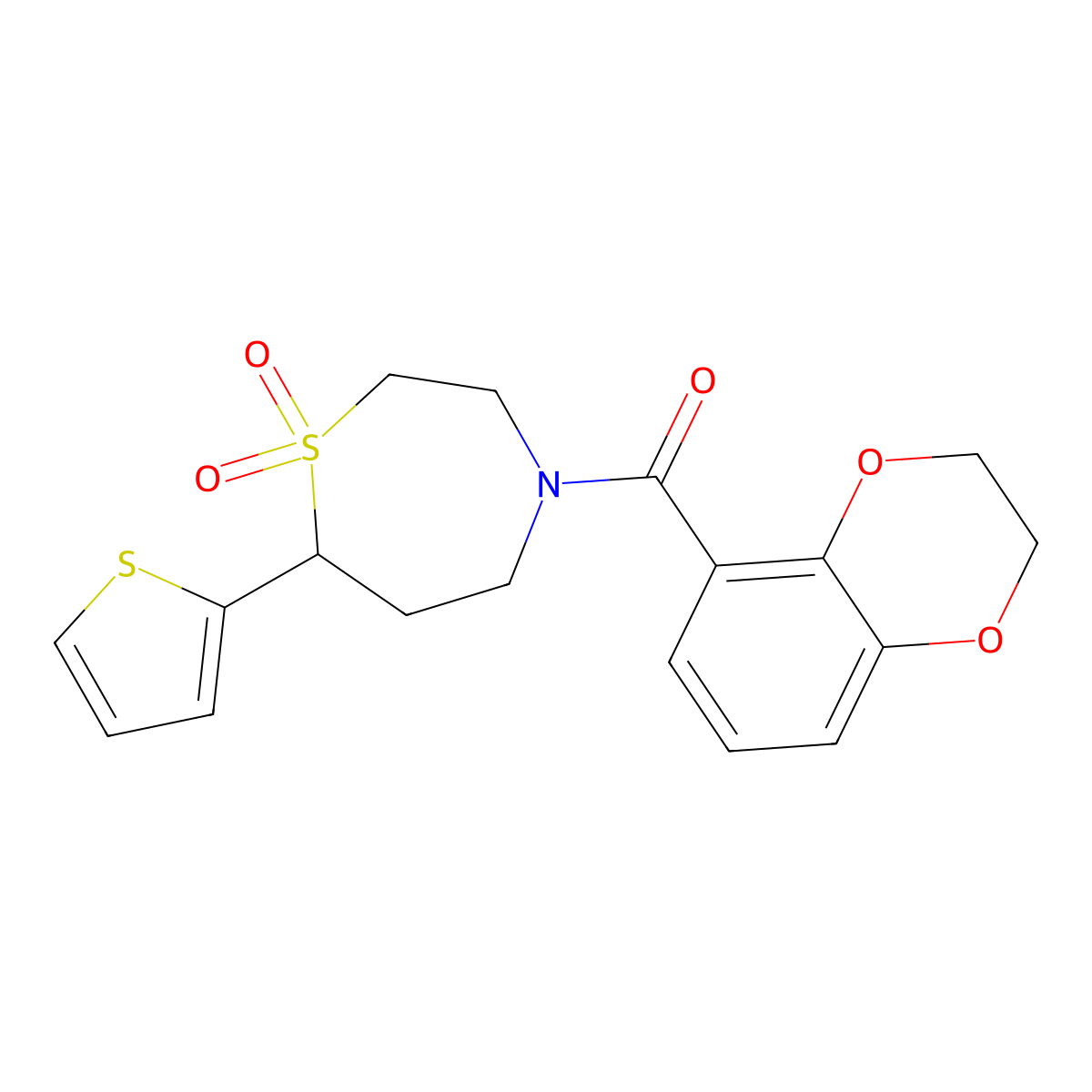 (2,3-Dihydrobenzo[b][1,4]dioxin-5-yl)(1,1-dioxido-7-(thiophen-2-yl)-1,4-thiazepan-4-yl)methanone molecular structure, CAS 2034514-66-2