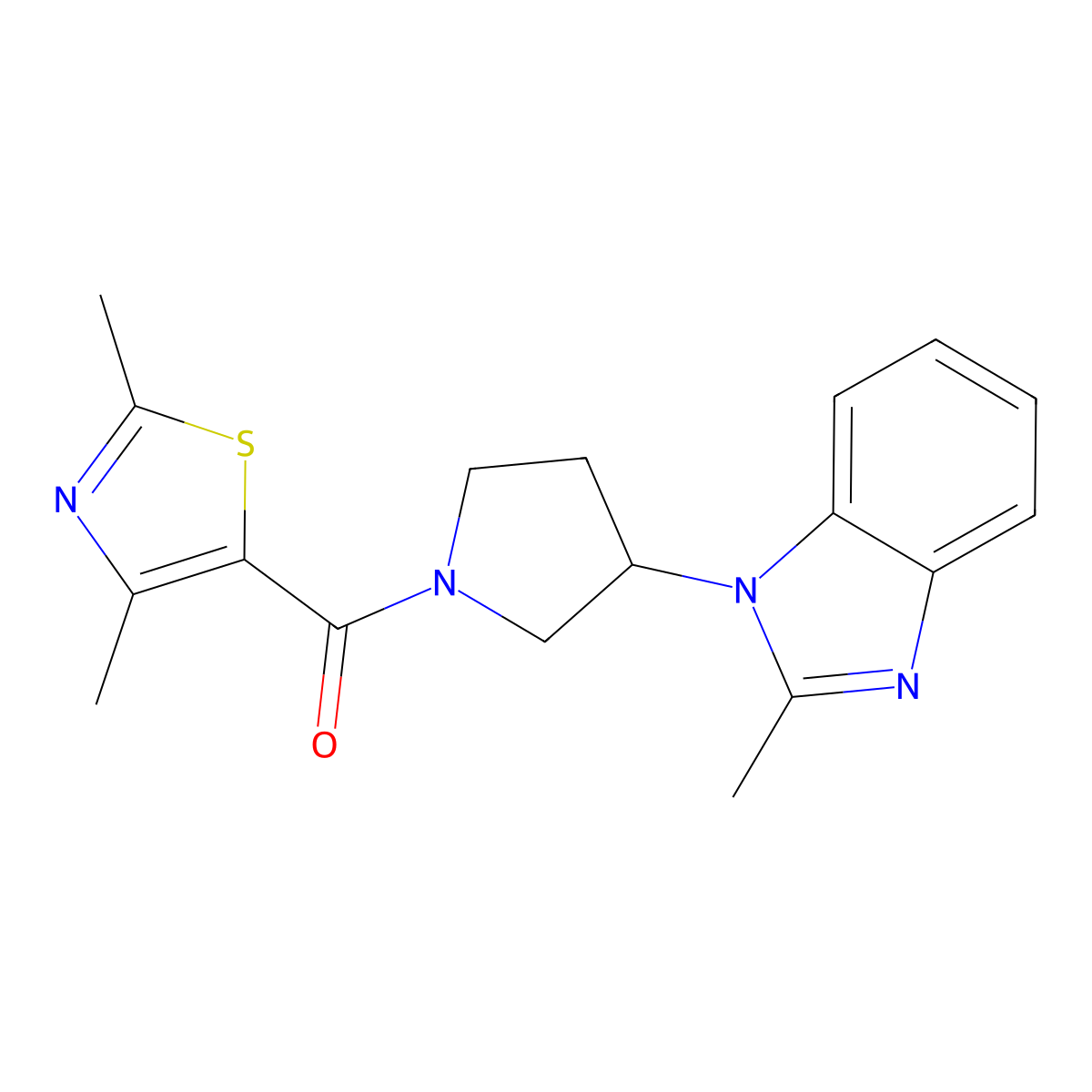 (2,4-dimethylthiazol-5-yl)(3-(2-methyl-1H-benzo[d]imidazol-1-yl)pyrrolidin-1-yl)methanone molecular structure, CAS 2034514-70-8