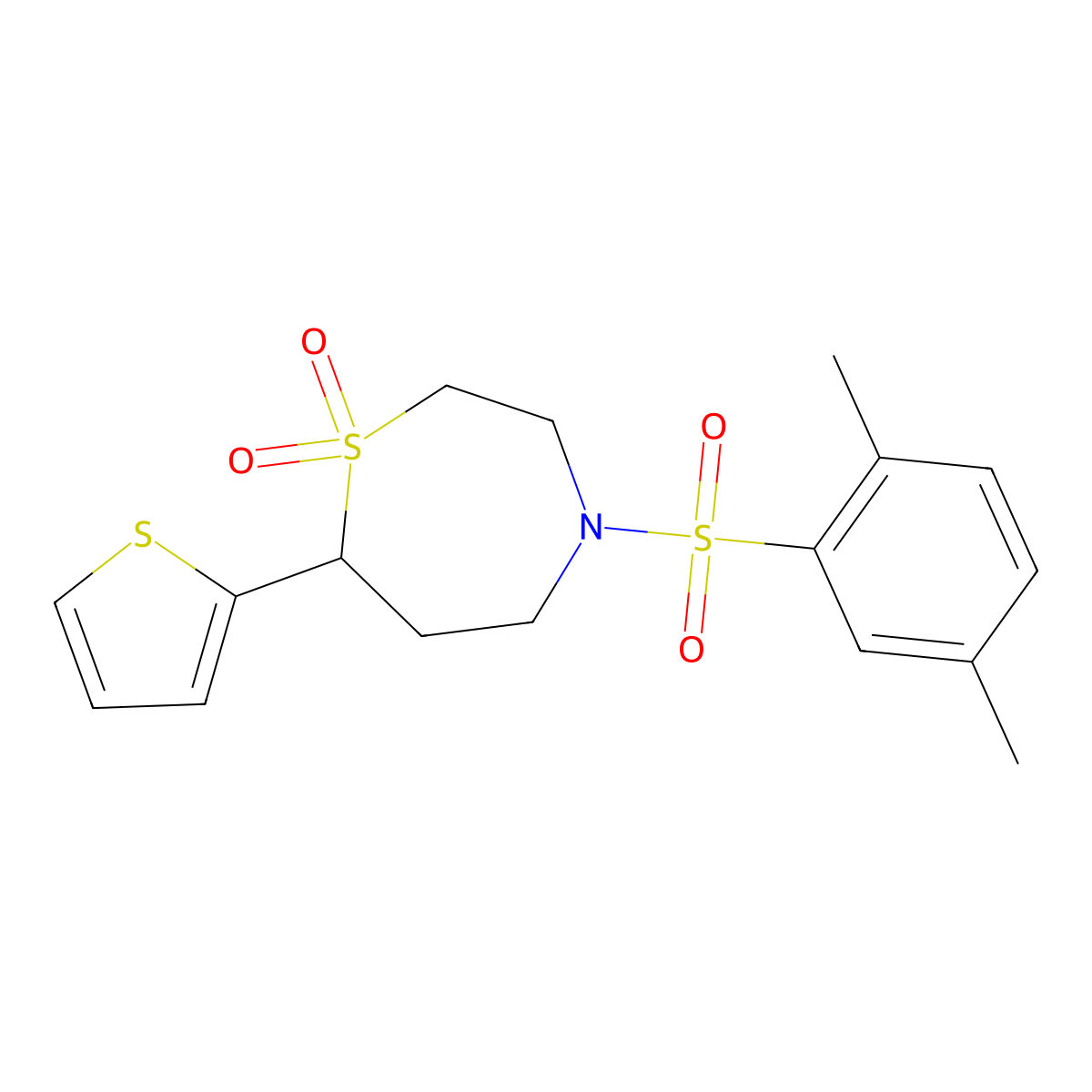 4-((2,5-Dimethylphenyl)sulfonyl)-7-(thiophen-2-yl)-1,4-thiazepane 1,1-dioxide molecular structure, CAS 2034514-73-1