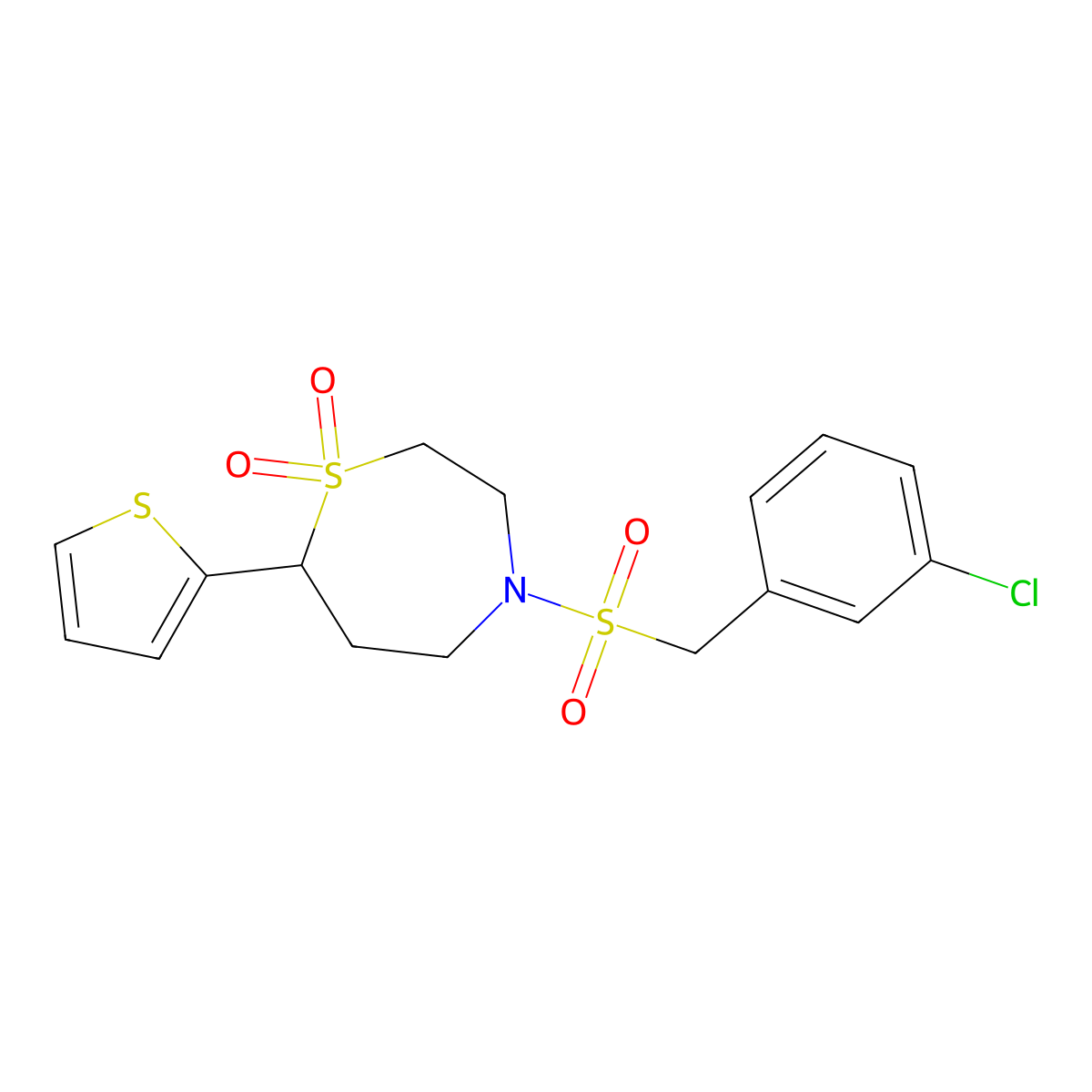 4-((3-Chlorobenzyl)sulfonyl)-7-(thiophen-2-yl)-1,4-thiazepane 1,1-dioxide molecular structure, CAS 2034514-82-2