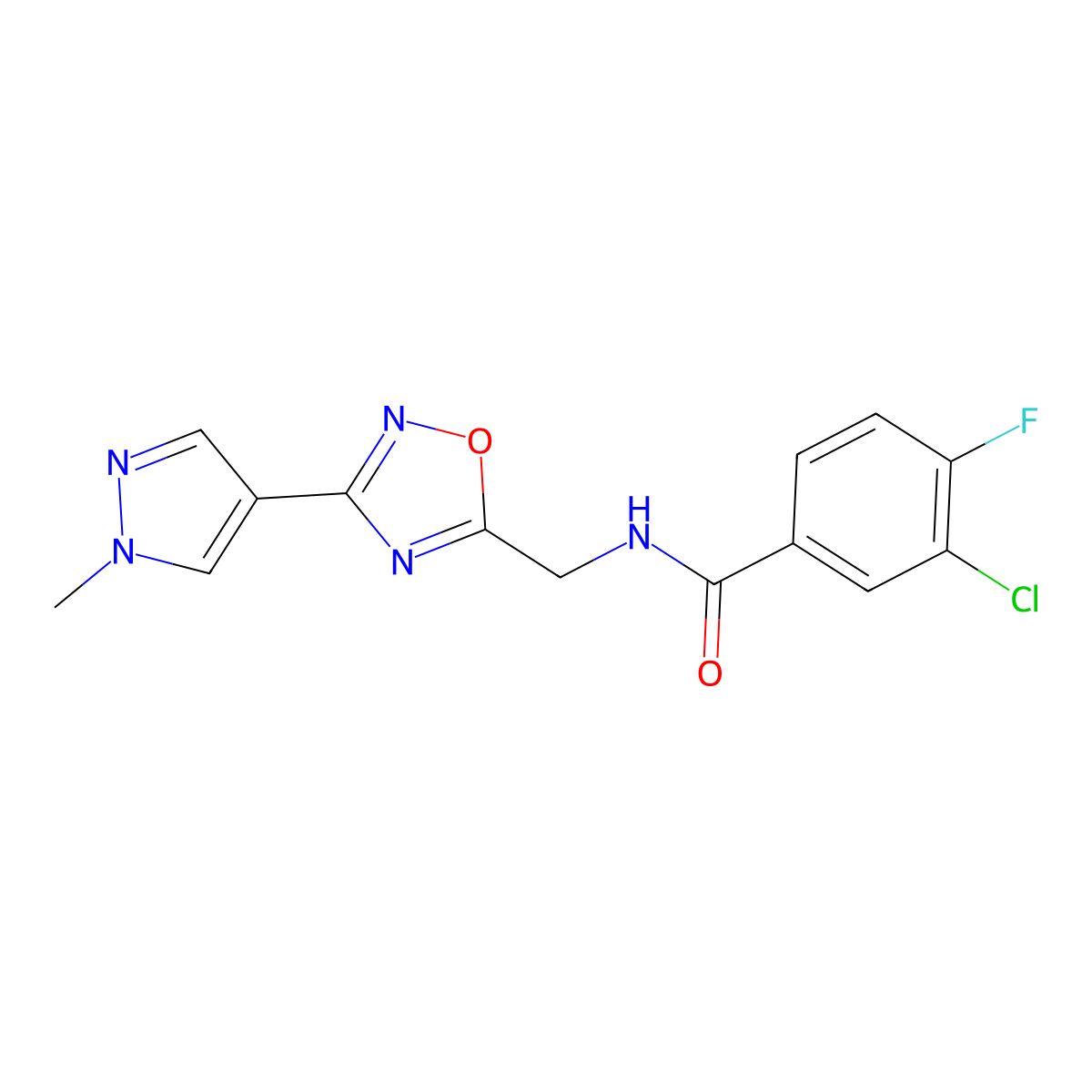 3-chloro-4-fluoro-N-((3-(1-methyl-1H-pyrazol-4-yl)-1,2,4-oxadiazol-5-yl)methyl)benzamide molecular structure, CAS 2034514-84-4