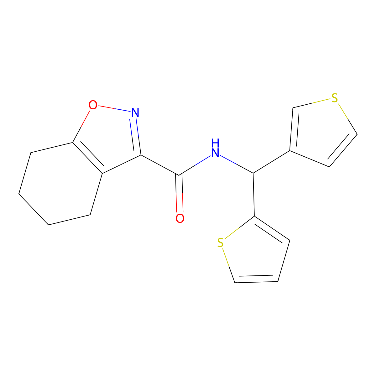 N-(thiophen-2-yl(thiophen-3-yl)methyl)-4,5,6,7-tetrahydrobenzo[d]isoxazole-3-carboxamide molecular structure, CAS 2034514-85-5