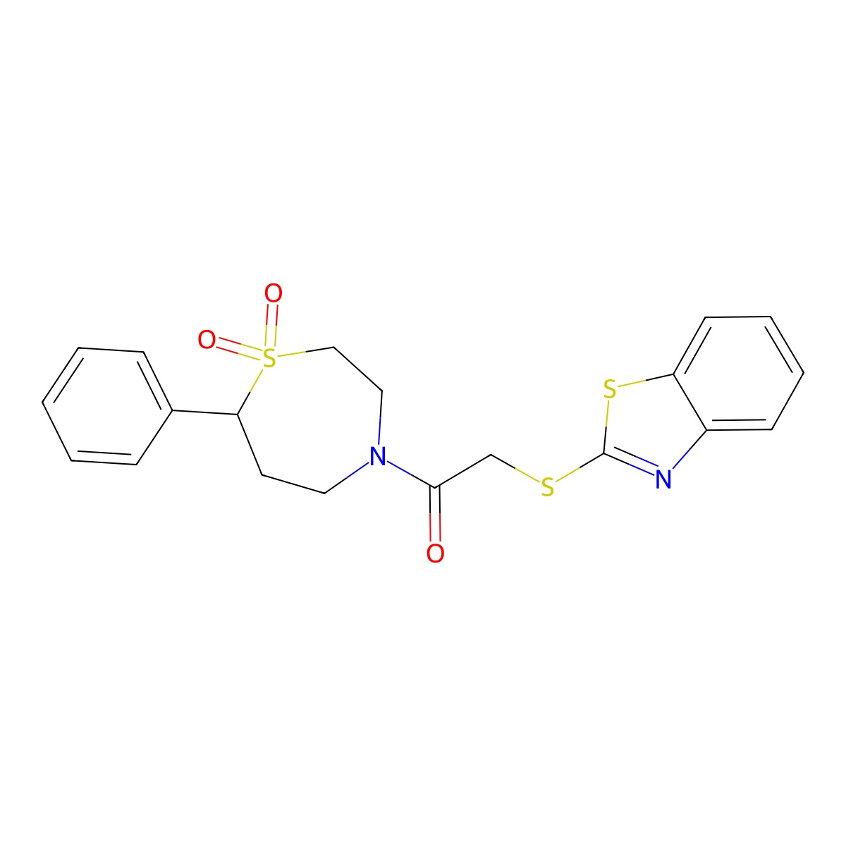 2-(Benzo[d]thiazol-2-ylthio)-1-(1,1-dioxido-7-phenyl-1,4-thiazepan-4-yl)ethanone molecular structure, CAS 2034514-88-8