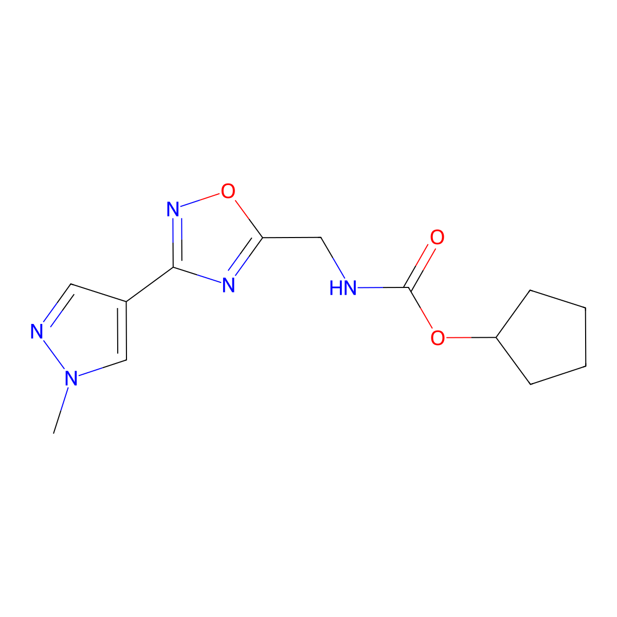 cyclopentyl N-{[3-(1-methyl-1H-pyrazol-4-yl)-1,2,4-oxadiazol-5-yl]methyl}carbamate molecular structure, CAS 2034514-91-3