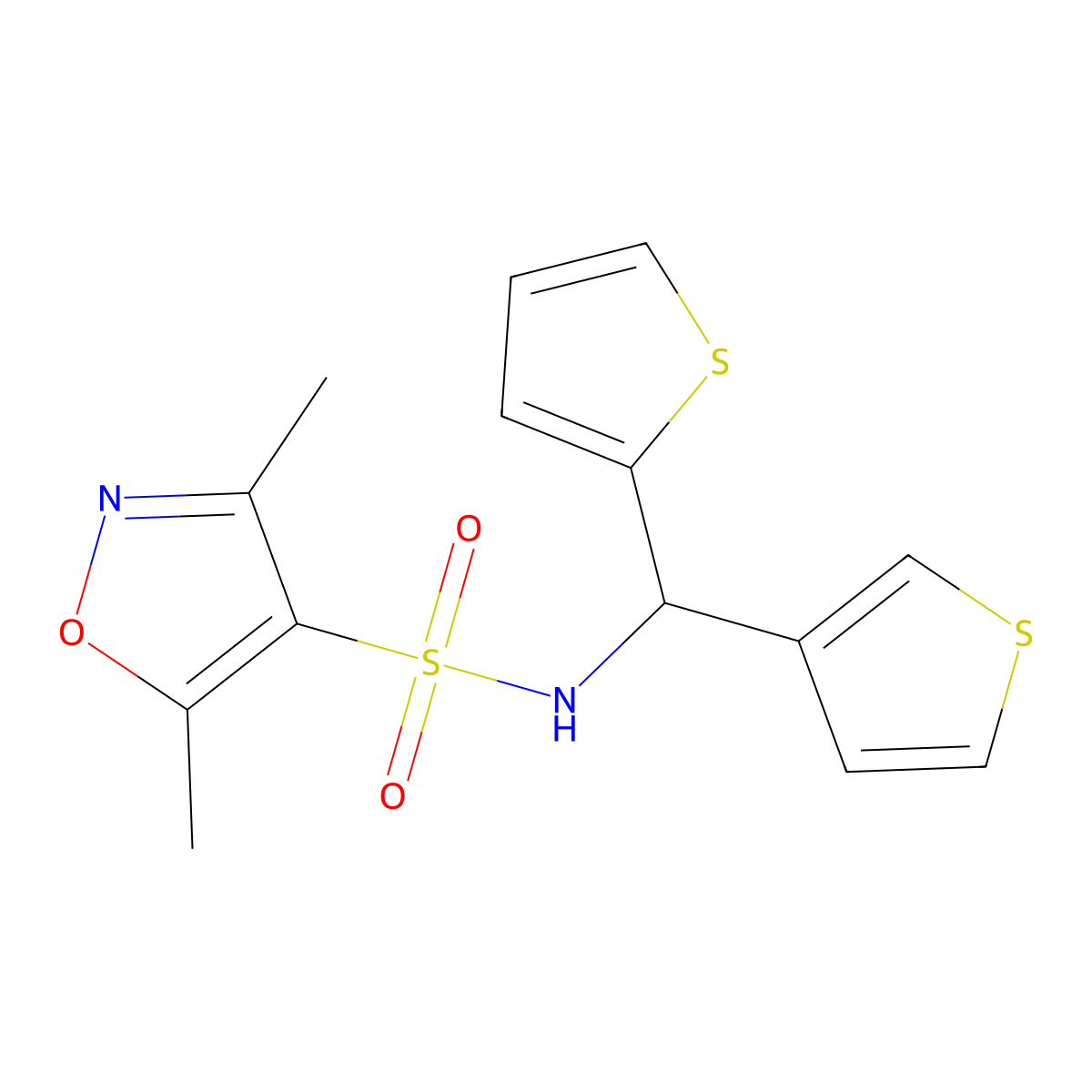 3,5-dimethyl-N-(thiophen-2-yl(thiophen-3-yl)methyl)isoxazole-4-sulfonamide molecular structure, CAS 2034514-92-4