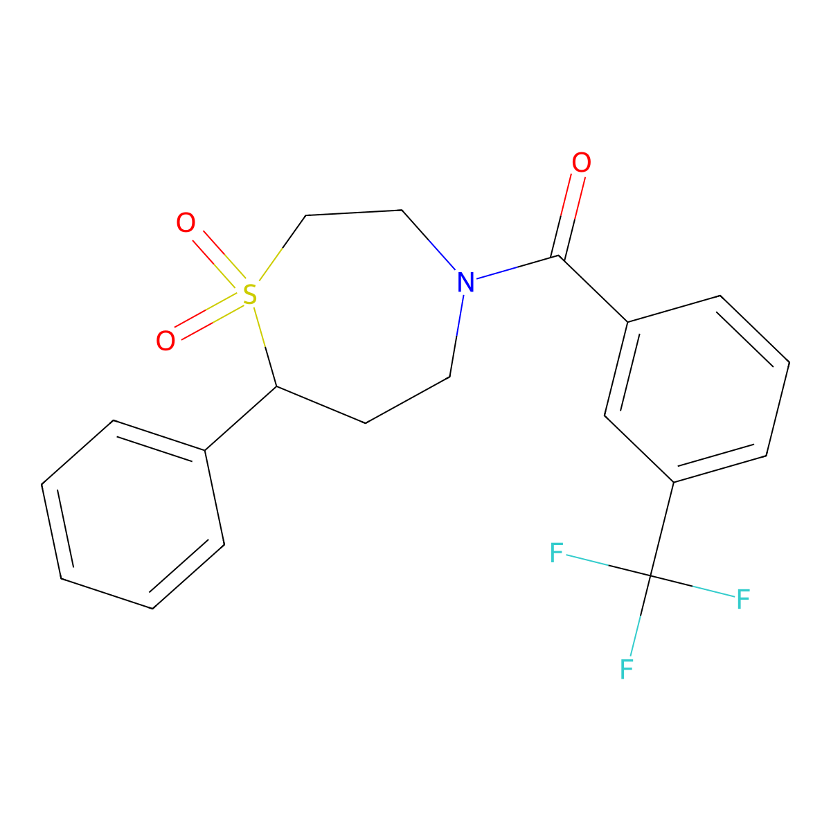 (1,1-Dioxido-7-phenyl-1,4-thiazepan-4-yl)(3-(trifluoromethyl)phenyl)methanone molecular structure, CAS 2034514-94-6