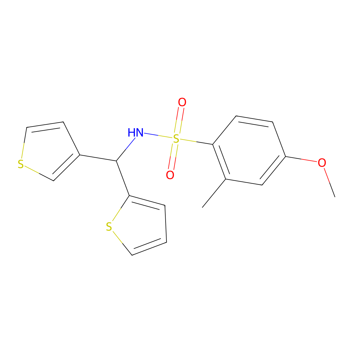4-methoxy-2-methyl-N-(thiophen-2-yl(thiophen-3-yl)methyl)benzenesulfonamide molecular structure, CAS 2034514-99-1
