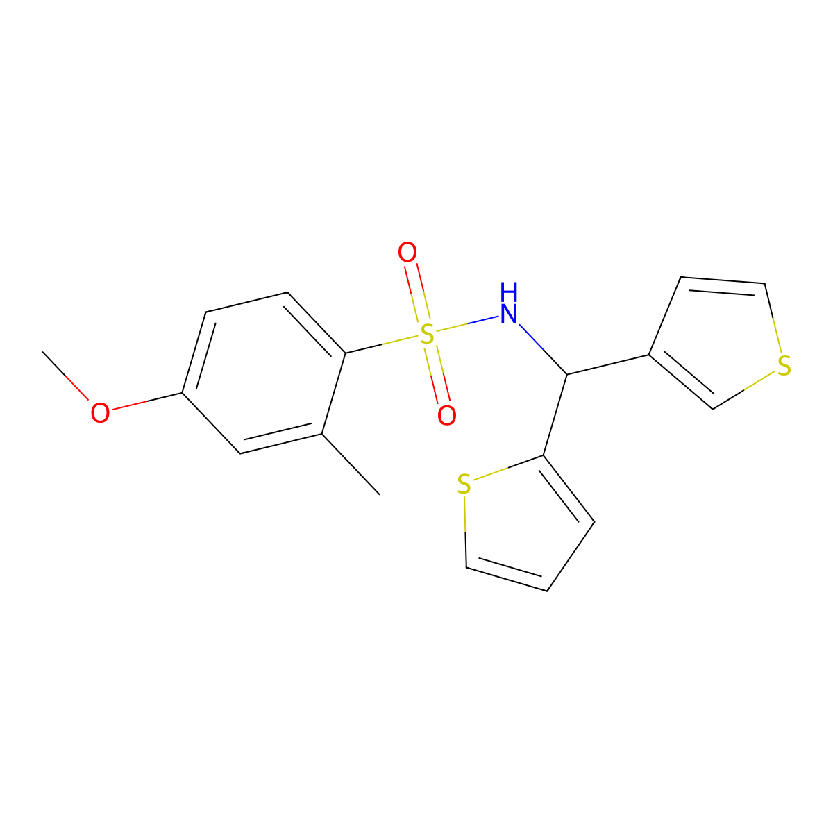 4-methoxy-2-methyl-N-(thiophen-2-yl(thiophen-3-yl)methyl)benzenesulfonamide molecular structure, CAS 2034514-99-1