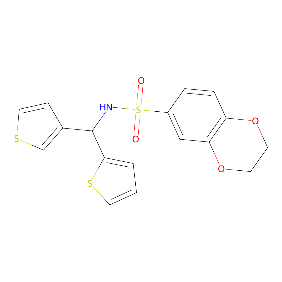 N-(thiophen-2-yl(thiophen-3-yl)methyl)-2,3-dihydrobenzo[b][1,4]dioxine-6-sulfonamide molecular structure, CAS 2034515-06-3