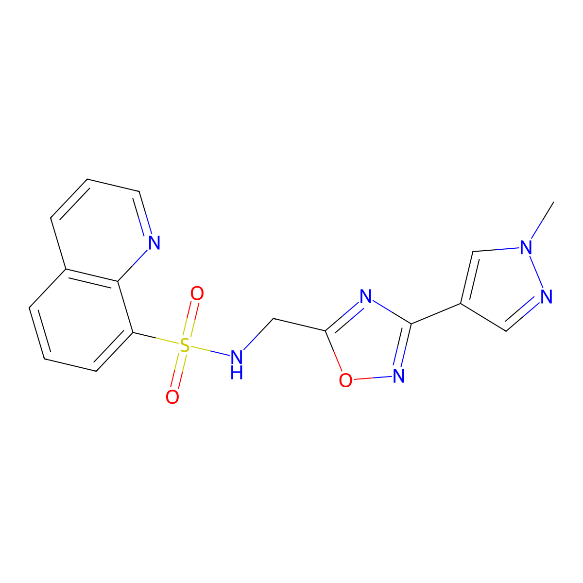 N-{[3-(1-methyl-1H-pyrazol-4-yl)-1,2,4-oxadiazol-5-yl]methyl}quinoline-8-sulfonamide molecular structure, CAS 2034515-08-5