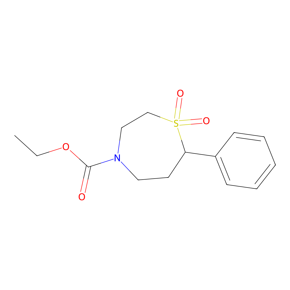 Ethyl 7-phenyl-1,4-thiazepane-4-carboxylate 1,1-dioxide molecular structure, CAS 2034515-11-0