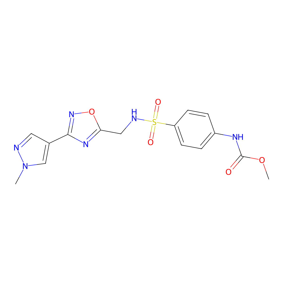 methyl (4-(N-((3-(1-methyl-1H-pyrazol-4-yl)-1,2,4-oxadiazol-5-yl)methyl)sulfamoyl)phenyl)carbamate molecular structure, CAS 2034515-14-3