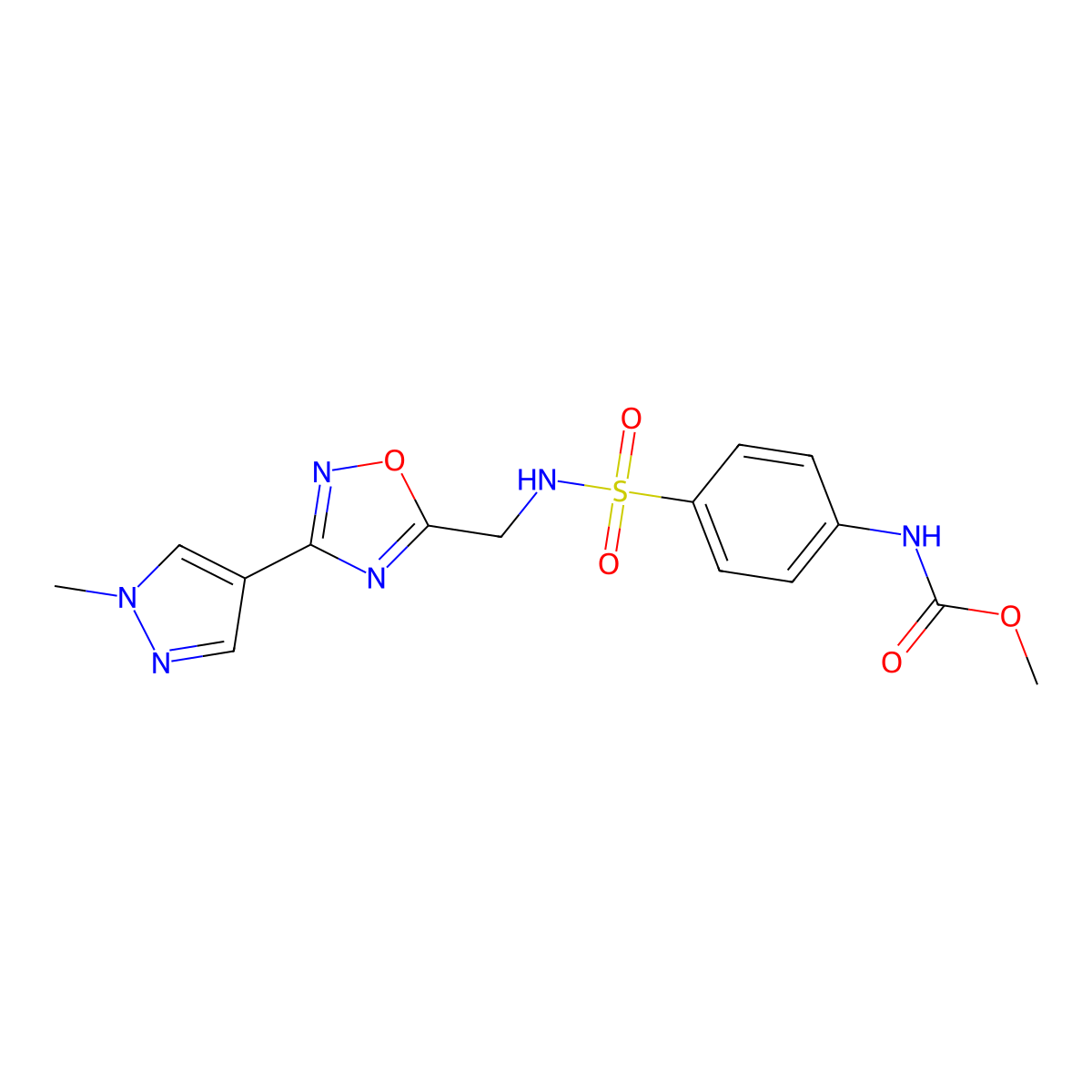 methyl (4-(N-((3-(1-methyl-1H-pyrazol-4-yl)-1,2,4-oxadiazol-5-yl)methyl)sulfamoyl)phenyl)carbamate molecular structure, CAS 2034515-14-3
