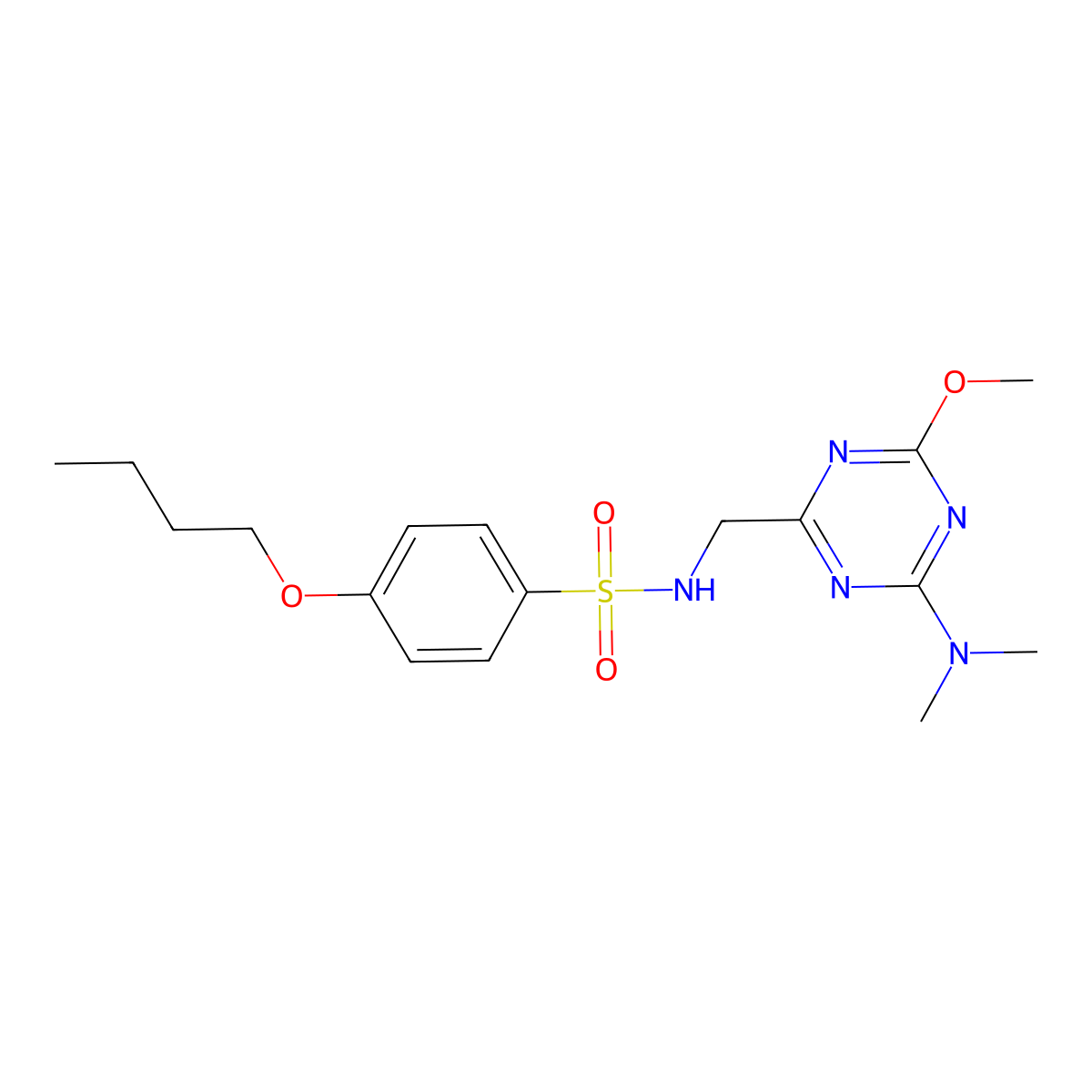 4-butoxy-N-((4-(dimethylamino)-6-methoxy-1,3,5-triazin-2-yl)methyl)benzenesulfonamide molecular structure, CAS 2034515-17-6