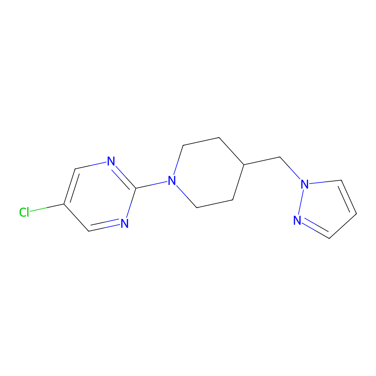 2-(4-((1H-pyrazol-1-yl)methyl)piperidin-1-yl)-5-chloropyrimidine molecular structure, CAS 2034515-21-2