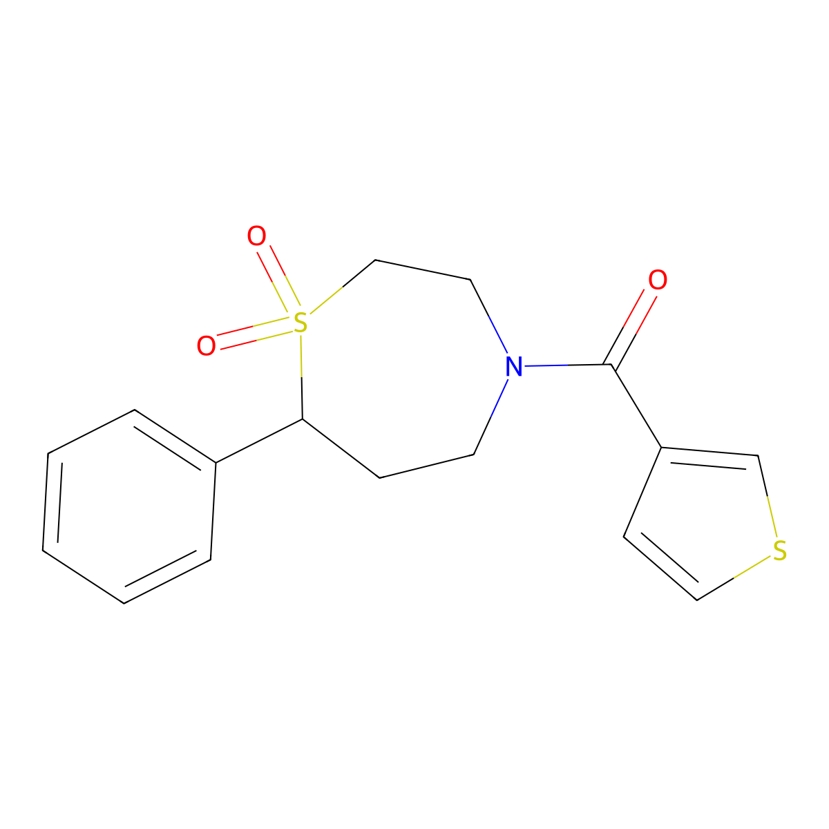 (1,1-Dioxido-7-phenyl-1,4-thiazepan-4-yl)(thiophen-3-yl)methanone molecular structure, CAS 2034515-25-6