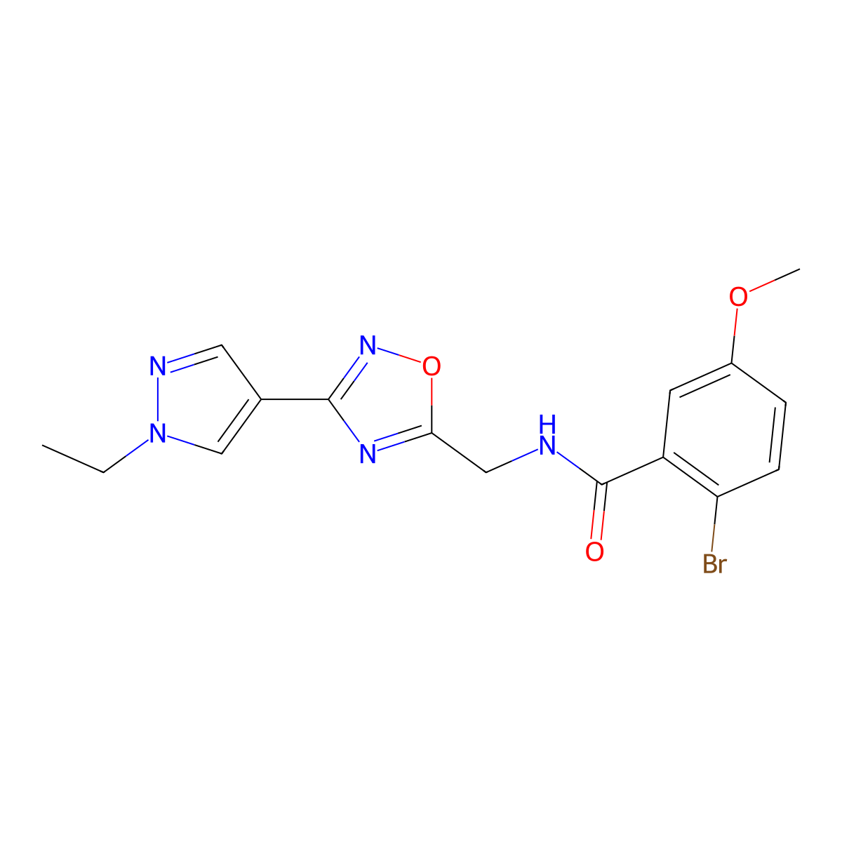 2-bromo-N-((3-(1-ethyl-1H-pyrazol-4-yl)-1,2,4-oxadiazol-5-yl)methyl)-5-methoxybenzamide molecular structure, CAS 2034515-40-5